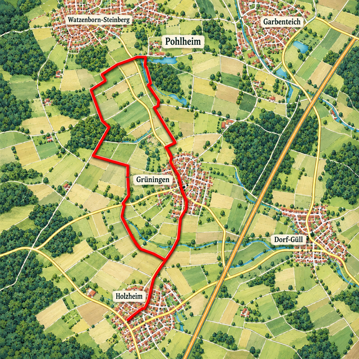 Künstlerische Karte mit rot eingezeichnetem Wanderweg zwischen Pohlheim, Grüningen und Holzheim