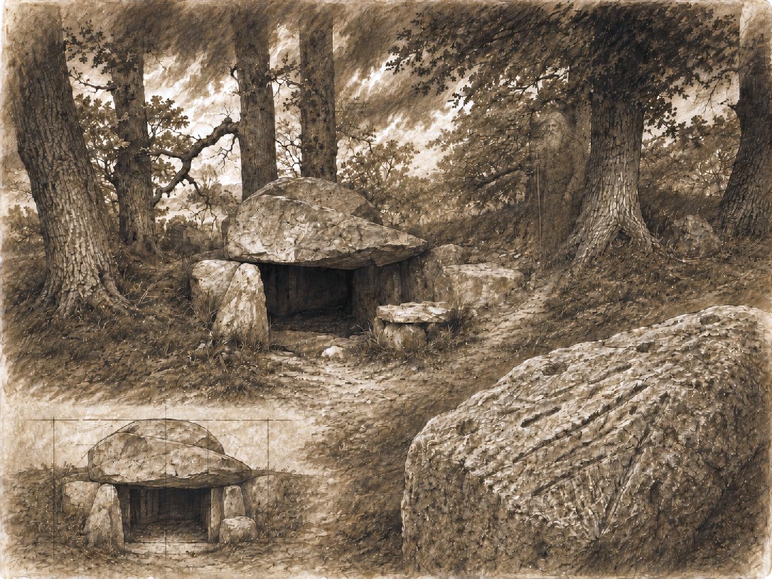 Großsteingrab mit Deckstein und Bearbeitungsspuren an Findlingen