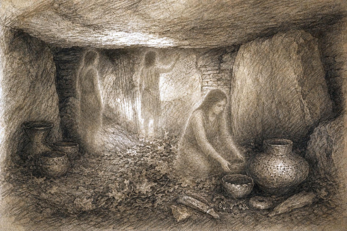 Innenraum eines Großsteingrabes mit schemenhaften rituellen Gestalten und Beigaben