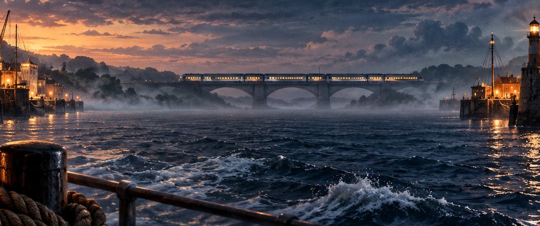 Two harbours facing each other across dark water, connected by a distant night train.